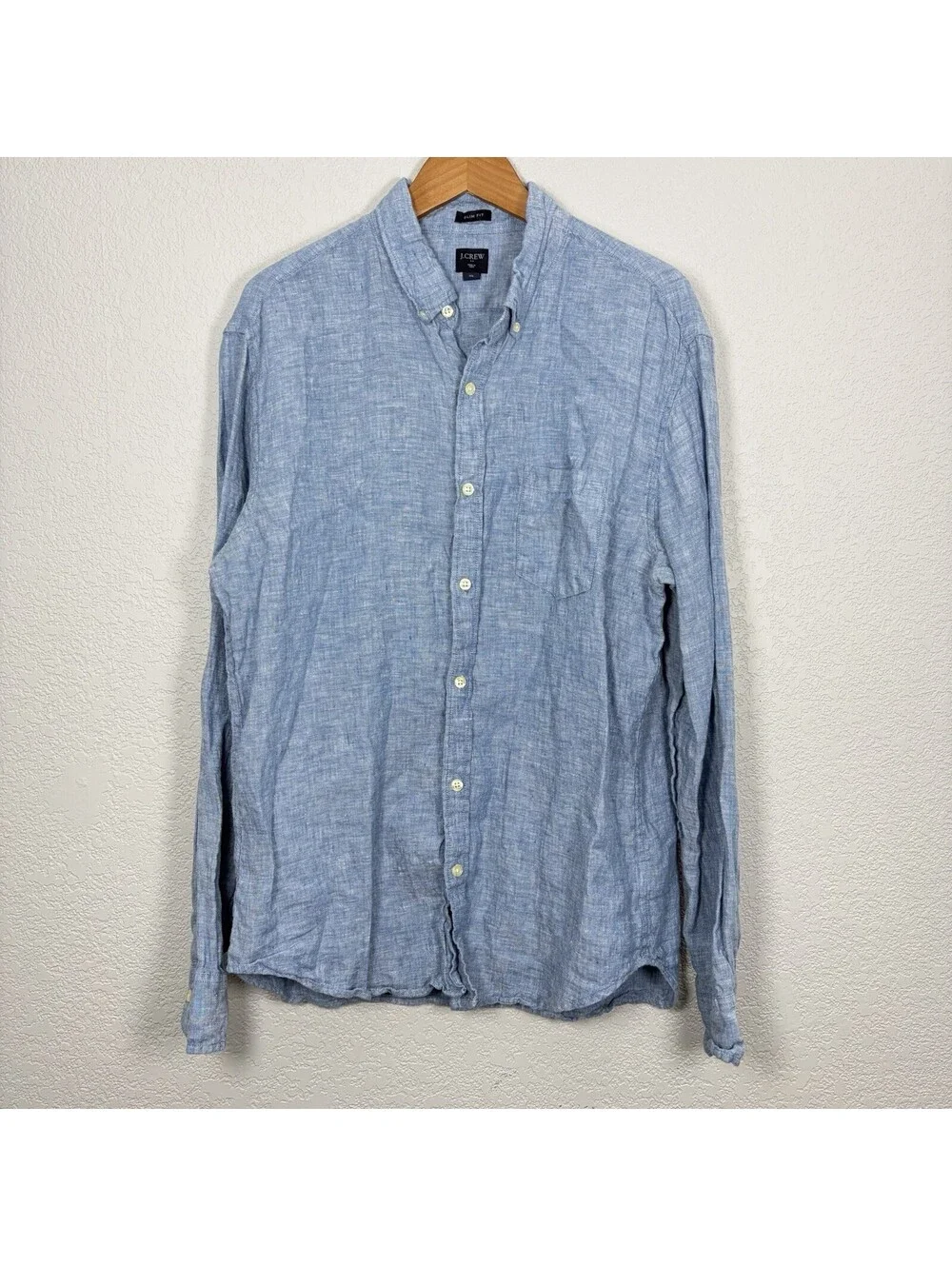 J.Crew Men’s XL 100% Linen Button Up Shirt Blue Slim Fit Casual Coastal Beachy